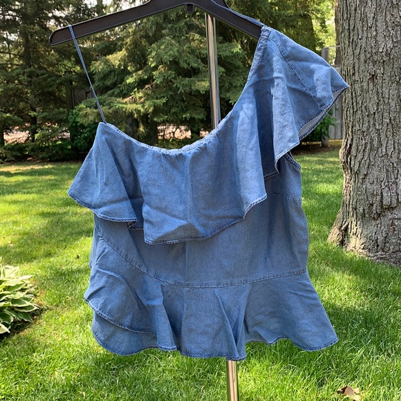 Denim one shoulder ruffle top - Picture 1 of 4